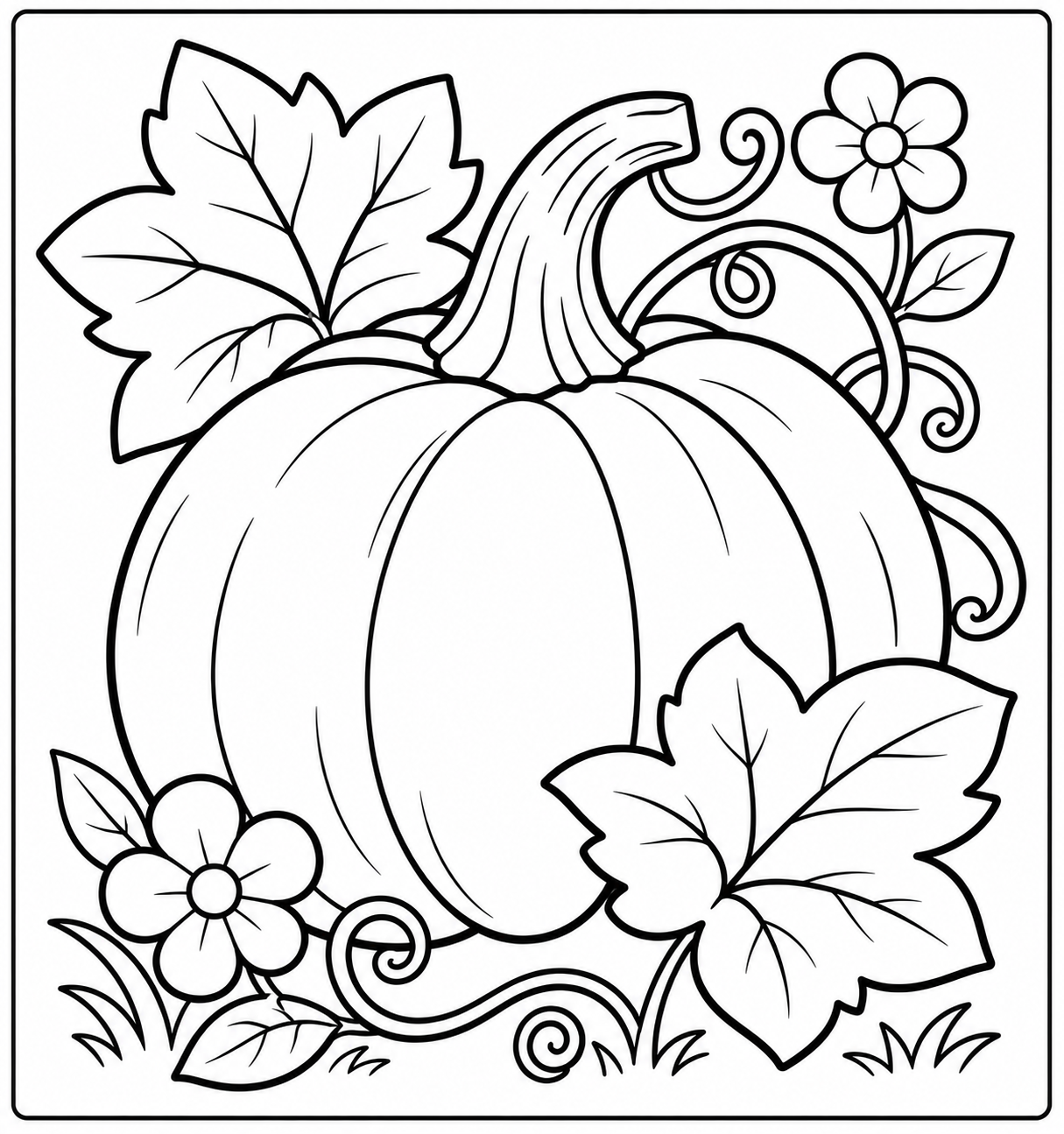 Pumpkin with vines and leaves drawing Coloring Page — Free Printable — free printable coloring page